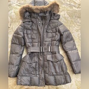 Add Metallic Gray Puffer Jacket with Fur Hood